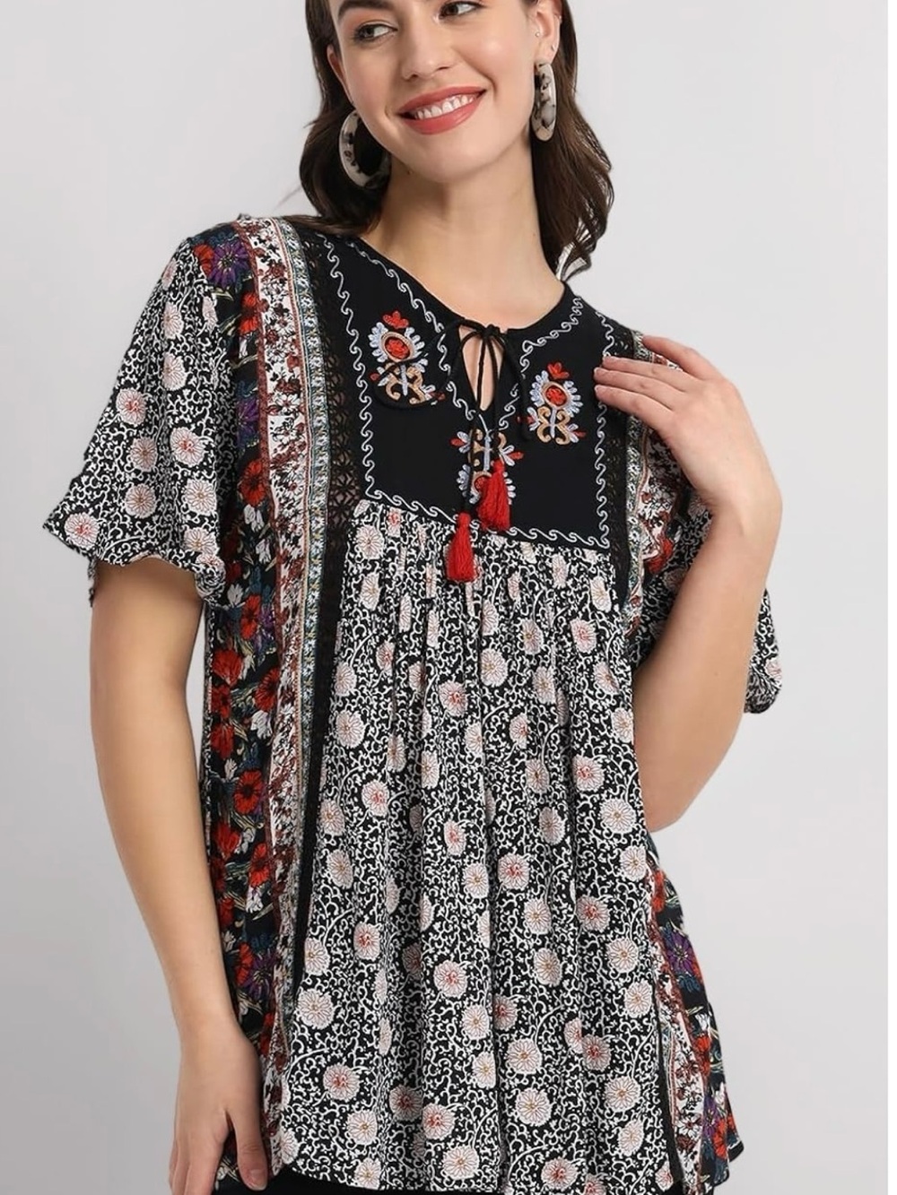 etc Bohemian tunic Black multi patterns with embroidery details Size XL